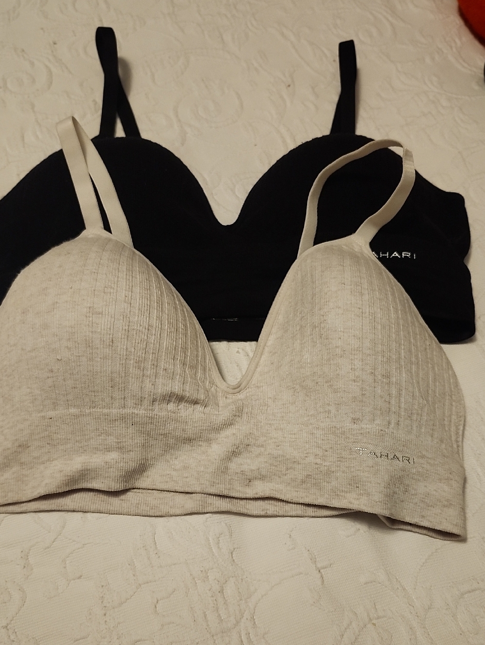 X2 Set Tahari Soft Ribbed Bralette Set - Black & Light Beige